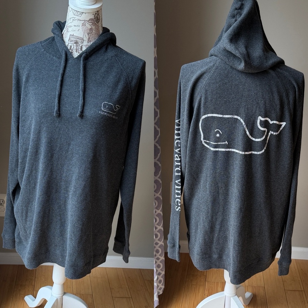Vineyard Vines Charcoal Gray Waffle Knit Hoodie Whale Logo